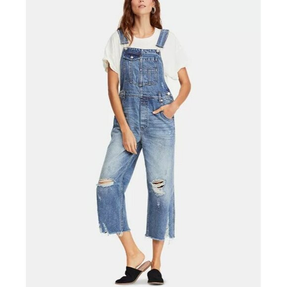 Free People Distressed Crop Overalls- sz28 - Picture 1 of 9